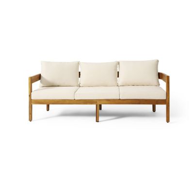 Brooklyn Outdoor Acacia Wood 3 Seat Sofa with Cushions Teak/Beige - Christopher Knight Home
