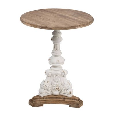 26 Round Side Table Antique White/Natural - A&B Home: Fir Wood Pedestal Base, Elegant Carving, No Tools Assembly