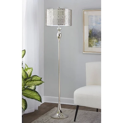 LumiSource Ashland 63 Floor Lamp: Polished Nickel, Laser Cut Metal, White Linen Shade