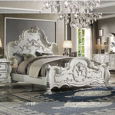 92 Eastern King Bed Dresden with Rococo Style Carvings & Faux Leather - Acme Furniture