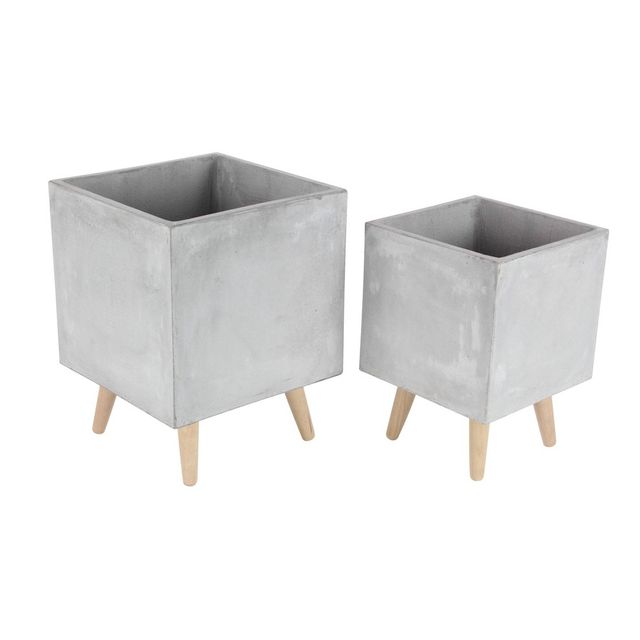 Set of 2 Rustic Fiber Clay Square Cube Planters - Eco-friendly, Indoor/Outdoor, Durable - Olivia & May: No Drainage, Freestanding with Stands