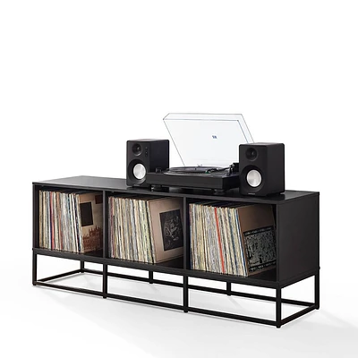 Crosley 60 Enzo Large Record Storage Media Console Black: Modern Industrial Style, Melamine Veneer, Steel Legs