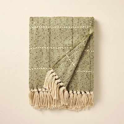 Herringbone Stripe Woven Bed Blanket Green/Cream - Hearth & Hand with Magnolia