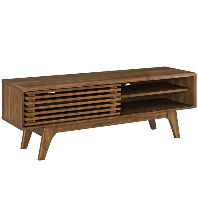 Render TV Stand: Mid-Century Media Console for 55 TVs, Walnut Grain, Sliding Doors - Modway