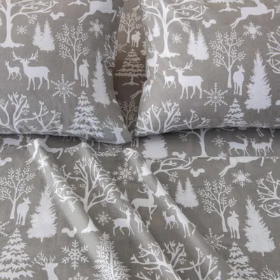 Isla Jade Queen Flannel Printed Sheet Set Enchanted Woods Gray: Nature-Themed, Stain & Shrink Resistant, OEKO-TEX Certified