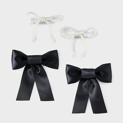 Girls 4pk Satin and Pearls Ribbon Bow Clip Set - art class