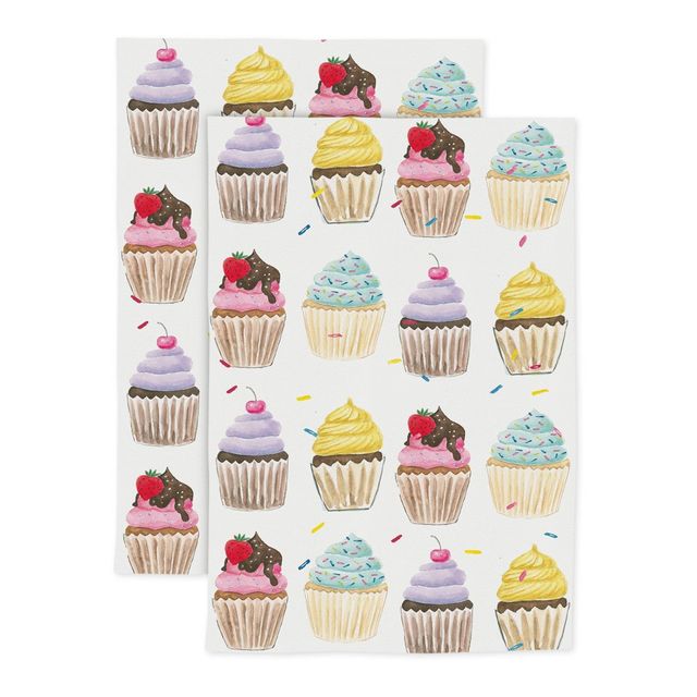 2pk Cotton Designer Cupcakes Kitchen Towels - MU Kitchen: Tea & Dish Towels, Hand Towels, 100% Cotton, 30x20