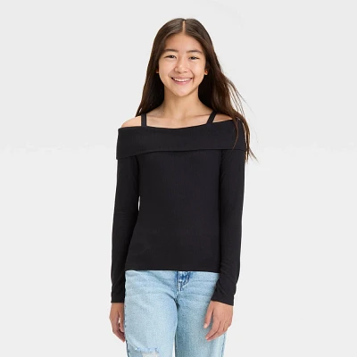 Girl Long Sleeve Off the Shoulder Ribbed T-Shirt