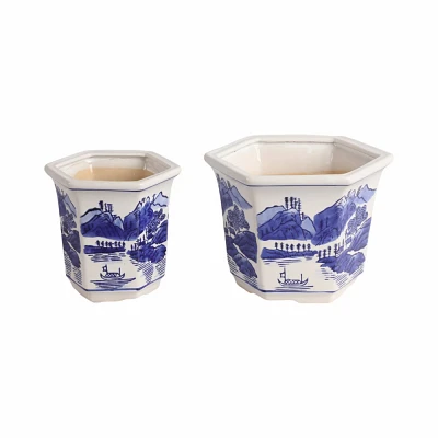 Sagebrook Home 2pc Chinoiserie Ceramic Indoor Outdoor Planter Pot Blue/White