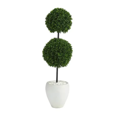 4 Indoor/Outdoor Boxwood Double Ball Artificial Topiary Tree in Planter White - Nearly Natural