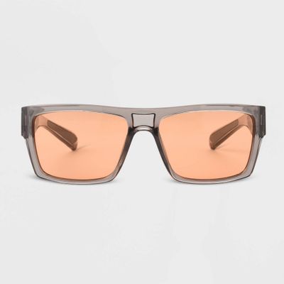 Mens Shiny Crystal Plastic Rectangle Sunglasses with Orange Lenses - Original Use Gray