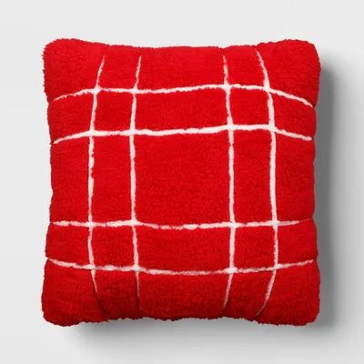 Faux Shearling Plaid Christmas Square Throw Pillow Cover Red/White - Wondershop