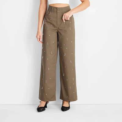 Womens Mid-Rise Embellished Pants