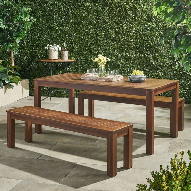 Manila 3pc Acacia Wood Picnic Set Dark Brown - Christopher Knight Home: Weather-Resistant Patio Set