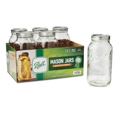 Ball 64oz 6pk Glass Wide Mouth Mason Jar with Lid and Band: Clear Canning Jars, Dishwasher-Safe, 4 Neck Diameter