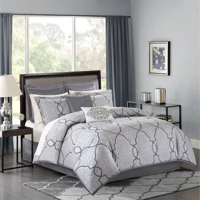 Madison Park 12pc Queen Octavia Complete Bed Set Silver: Hypoallergenic, Jacquard, Pleated, Reversible