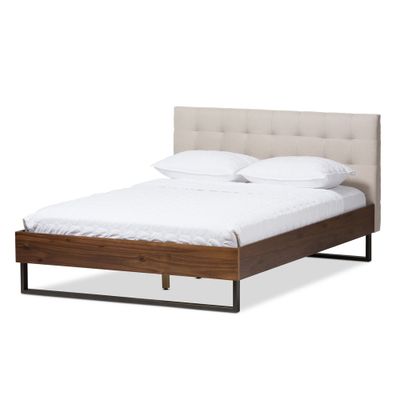 Queen Mitchell Rustic Industrial Walnut Wood & Metal Platform Bed with Tufted Headboard - Baxton Studio