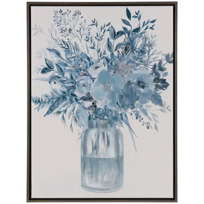 40x30 Canvas Floral Bouquet Framed Wall Art with Silver Frame Blue - Olivia & May: Embossed Botanical, Transitional Style