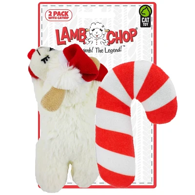 Multipet Lamb Chop with Santa Hat and Crinkle Candy Cane Catnip Plush Cat Toy - 2pk