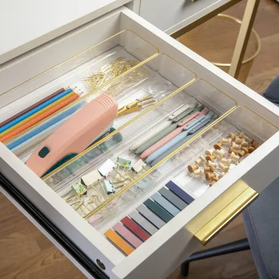 Martha Stewart 9 x 3 8pc Plastic Stackable Office Desk Drawer Organizers with Gold Trim Clear: Drawer Organization Set