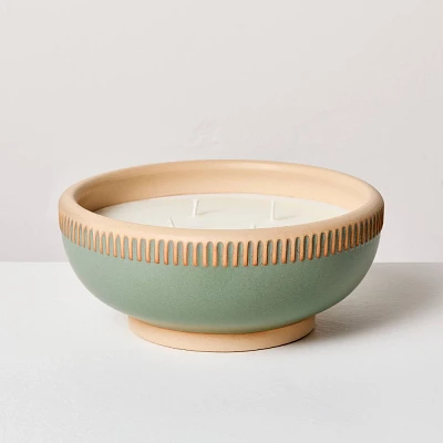 4-Wick Rim Stripe Ceramic Eucalyptus and Santal Jar Candle Green