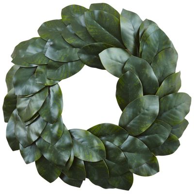 Nearly Natural 24 Artificial Magnolia Leaf Wreath : Indoor/Outdoor, Unlit, Summer Decor