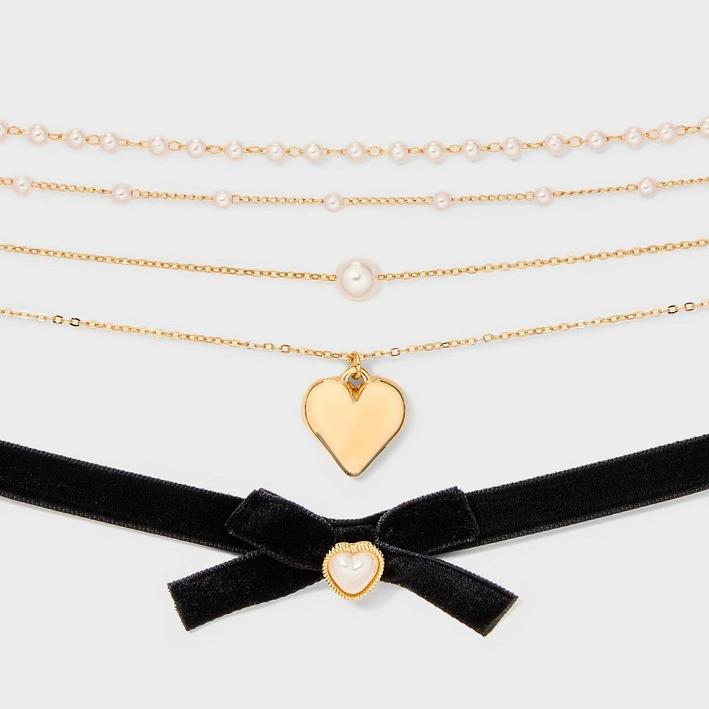 Dainty Chain with Hearts & Bows Simulated Pearl Choker Necklace Set 5pc - Wild Fable Black/Gold