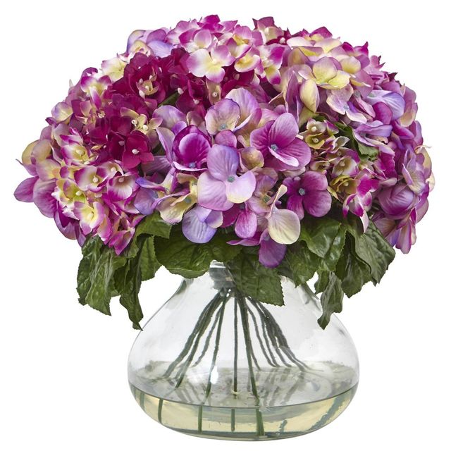 Nearly Natural 15 x 14 Artificial Hydrangea Arrangement with Glass Vase Pink: Faux Floral Decor, Indoor Spring Display