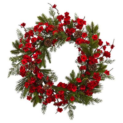 Nearly Natural Plum Blossom Pine Wreath (24): Faux Floral Wall Decor for Indoor, Unlit Winter Display