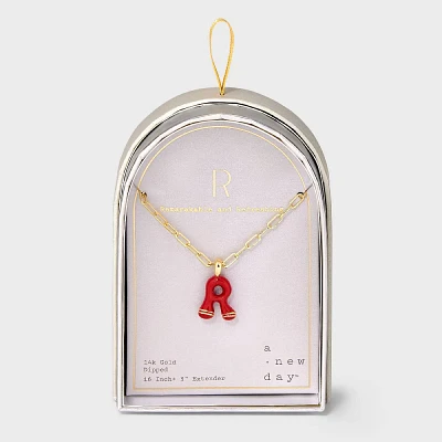 14K Gold Dipped Enamel Initial R Pendant Necklace - A New Day Dark Red