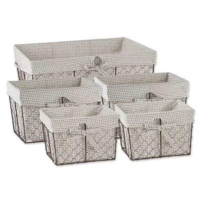 Design Imports Set of 5 Rustic Bronze Chicken Wire Stone & Gingham Check Liner Baskets White: Decorative Rectangle Baskets