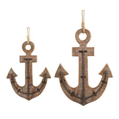 Set of 2 Wood Anchor White Washed 4 Hanger Wall Hooks with Hanging Rope and Bronze Metal Accents Brown - Olivia & May: Nautical Pine Decor