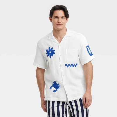 Mens hort leeve Embroidered Camp hirt - Goodfellow & Co White : Lightweight Cotton, Front Pocket
