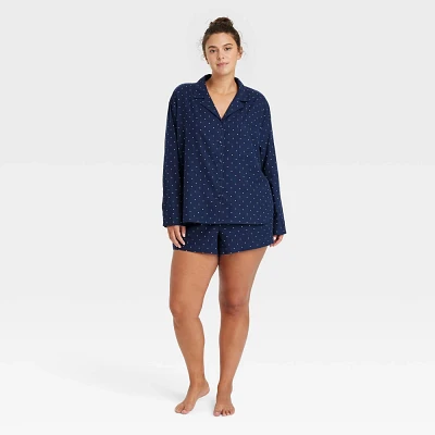 Women Polka Dot Flannel Long Sleeve Top and Short Pajama Set