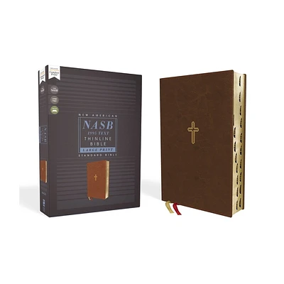 Nasb, Thinline Bible, Large Print, Leathersoft, Brown, Red Letter Edition, 1995 Text, Thumb Indexed, Comfort Print - by Zondervan (Leather Bound)