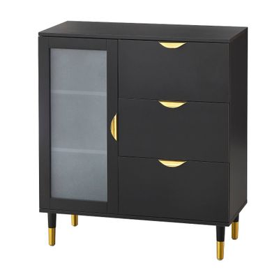 Buylateral Kragen Buffet Black: Gold-Tone Accents, Frosted Glass, Pine Wood Legs, Storage Cabinet