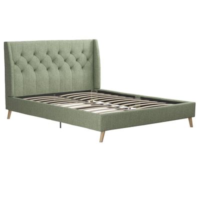 Novogratz Queen Her Majesty Linen Bed Light Green: Mid-Century Modern Upholstered Platform with MDF Frame