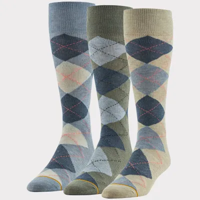 Signature Gold by GOLDTOE Men Argyle Crew Sock 3pk - Blue/Sage /Oatmeal 6-12.5