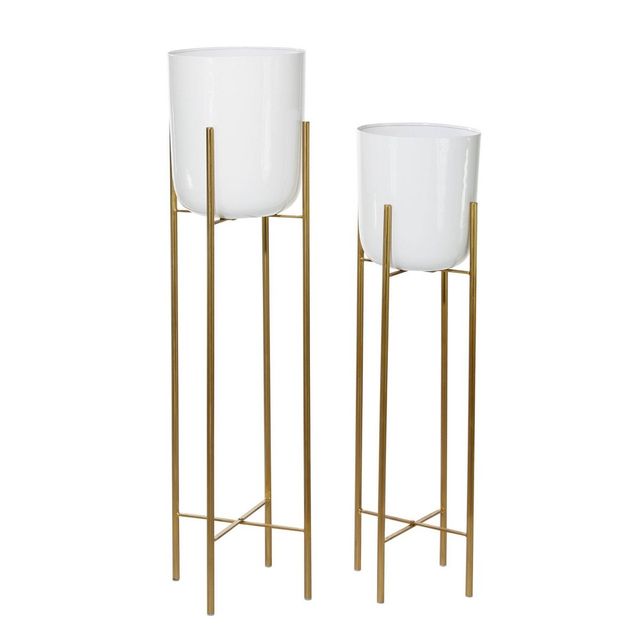 Set of 2 Tall Planters with Metal Stand White/Gold - CosmoLiving by Cosmopolitan: Indoor Freestanding Iron Pots