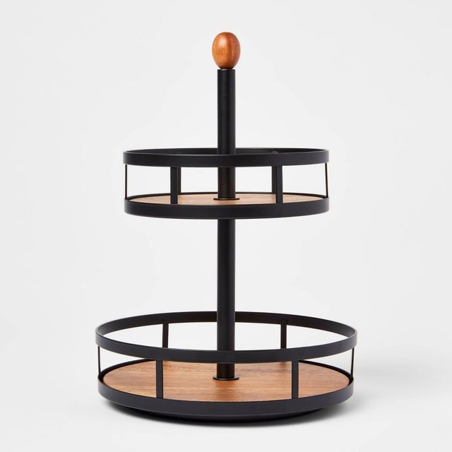 Wood 2-Tier Round Spice Rack - Threshold: Revolving Black Organizer, Freestanding Seasoning Holder, Wood & Steel