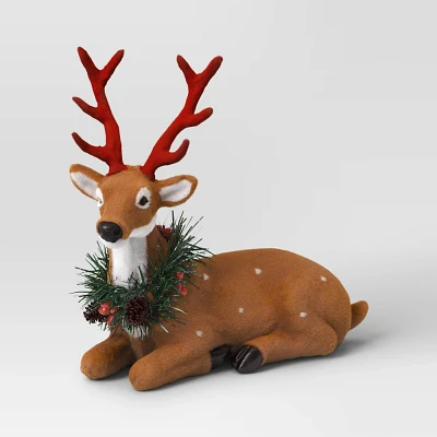 Flocked Sitting Deer with Faux Greenery Christmas Animal Figurine - Wondershop Brown