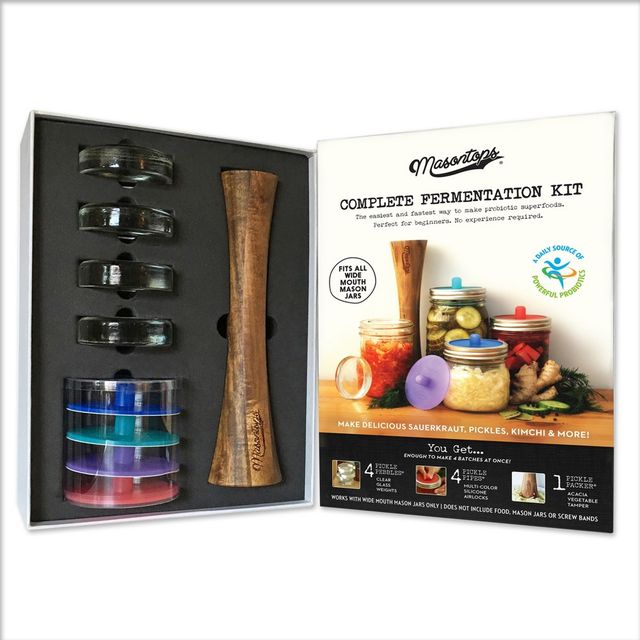 Masontops Complete Mason Jar Fermentation Kit: 10-Piece BPA-Free Set with Silicone Lids & Weights, Recipe Book, Tamper