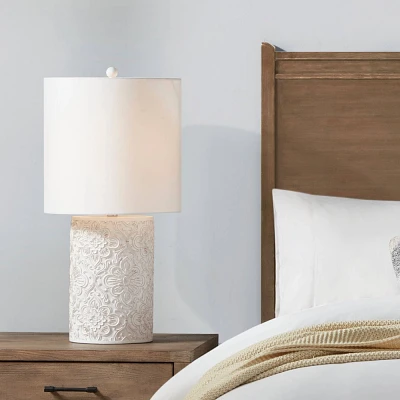 Ink+Ivy Ashbourne Embossed Floral Resin Table Lamp (Includes LED Light Bulb) Ivory : Elegant Nightstand & Decorative Cylinder Shade