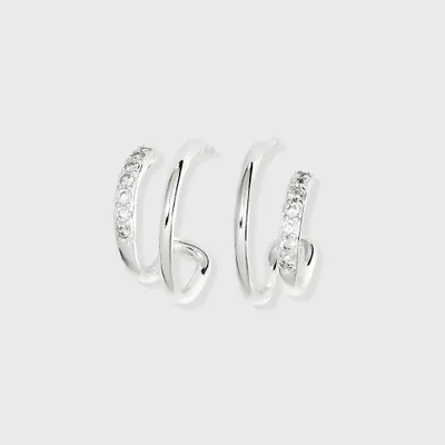 Sterling Silver Cubic Zirconia Faux Duo Stud Hoop Earrings - A New Day Silver