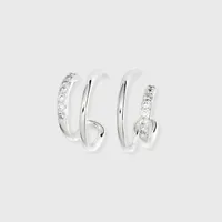 Sterling Silver Cubic Zirconia Faux Duo Stud Hoop Earrings - A New Day Silver