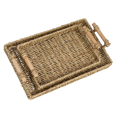 Household Essentials Handwoven Seagrass Rectangular Tray Set with Wood Handles Natural Set of 2