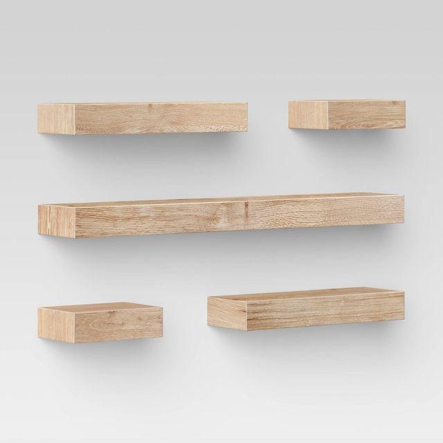 Set of 5 Wall Shelf Natural - Threshold: Modern MDF Floating Shelving, Includes Mounting Hardware