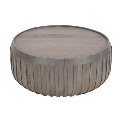 The Urban Port 36 Coffee Table Handcrafted Drum Shape with Ribbed Edges Gray Mango Wood Gray