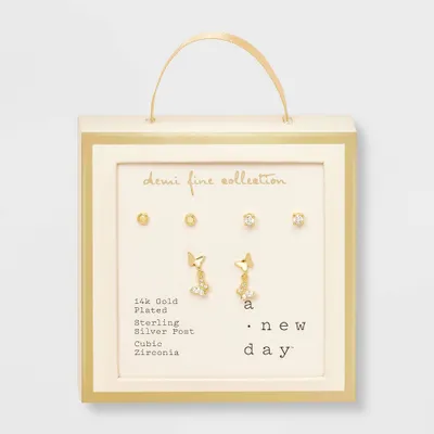 14k Gold Plated Discs Cubic Zirconia and Butterfly Mini Dangle Stud Earrings 3pc - A New Day Gold