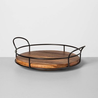 10 Wooden Lazy Susan with Metal Trim Brown/Black - Hearth & Hand with Magnolia: Acacia Round Serving Tray with Handles